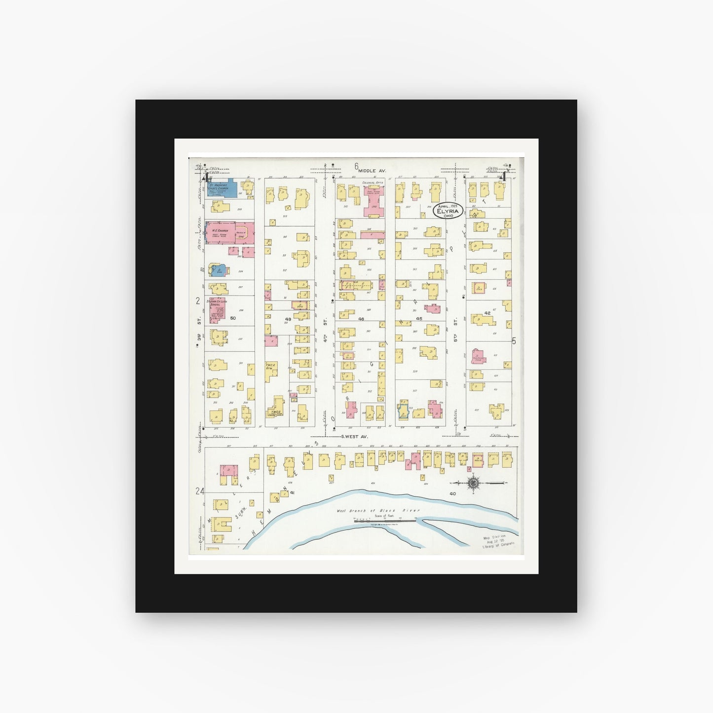 Old map wall art mockup — black gallery frame with white mat — Sanborn Fire Insurance Map from Elyria, Lorain County, Ohio (1925), Sheet #0004