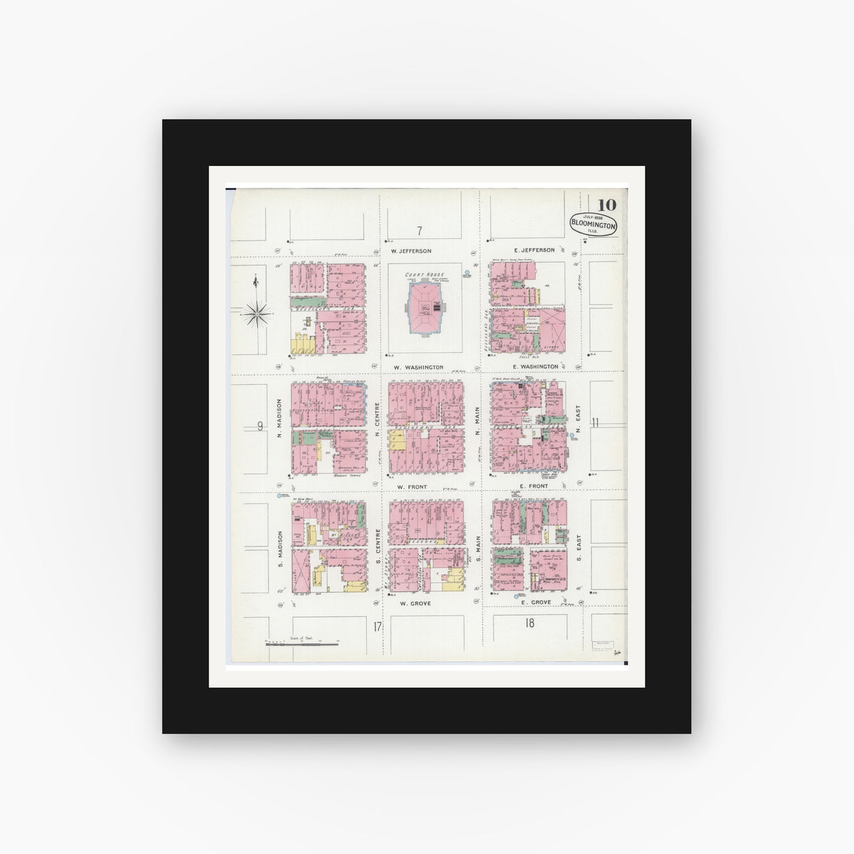 Old map wall art mockup — black gallery frame with white mat — Sanborn Fire Insurance Map from Bloomington, McLean County, Illinois (1896), Sheet #0010
