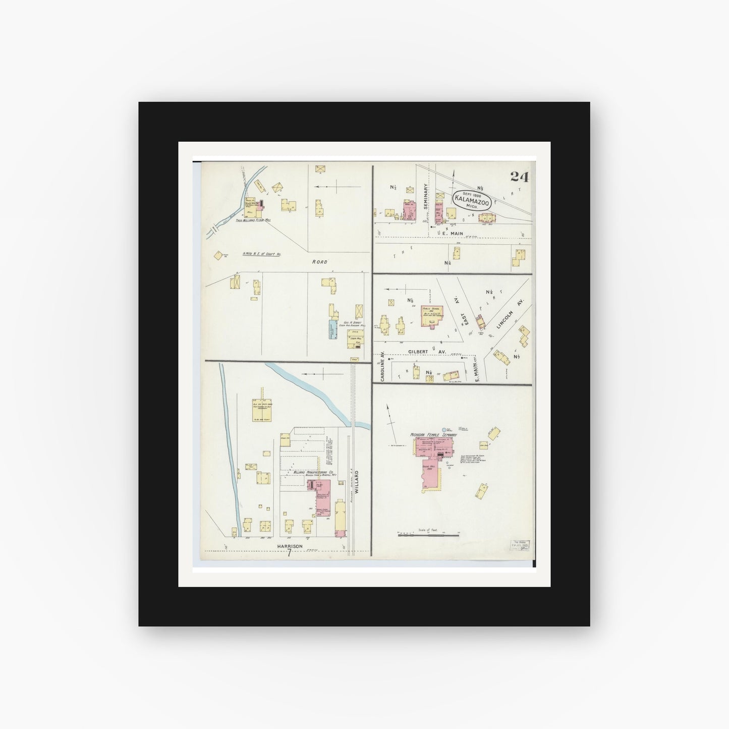 Old map wall art mockup — black gallery frame with white mat — Sanborn Fire Insurance Map from Kalamazoo, Kalamazoo County, Michigan (1896), Sheet #0024