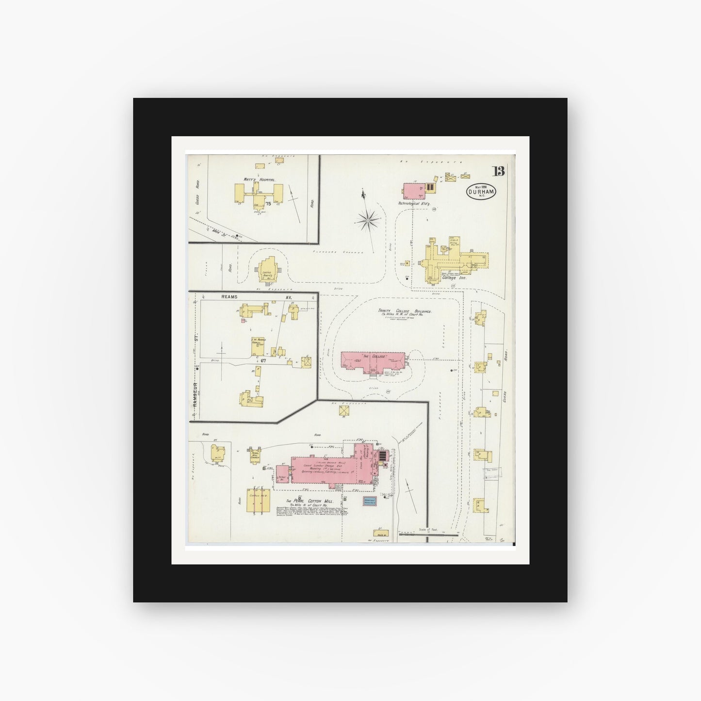 Old map wall art mockup — black gallery frame with white mat — Sanborn Fire Insurance Map from Durham, Durham County, North Carolina (1898), Sheet #0013