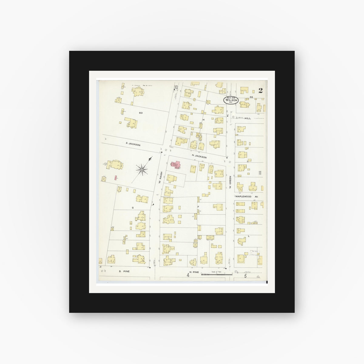 Old map wall art mockup — black gallery frame with white mat — Sanborn Fire Insurance Map from Wilson, Wilson County, North Carolina (1908), Sheet #0002