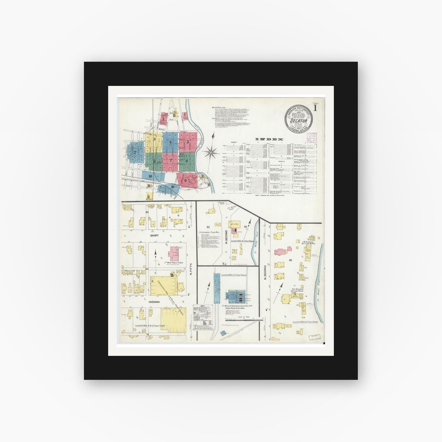 Old map wall art mockup — black gallery frame with white mat — Sanborn Fire Insurance Map from Decatur, Adams County, Indiana (1907) - Complete Map Set