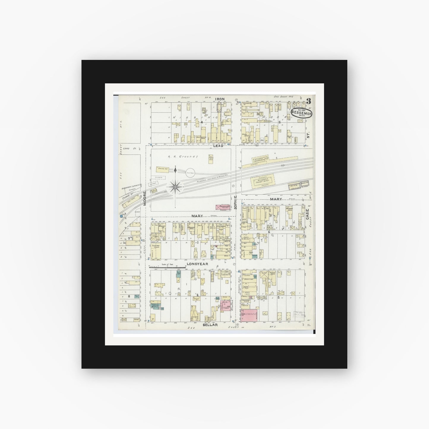 Old map wall art mockup — black gallery frame with white mat — Sanborn Fire Insurance Map from Bessemer, Gogebic County, Michigan (1891), Sheet #0003