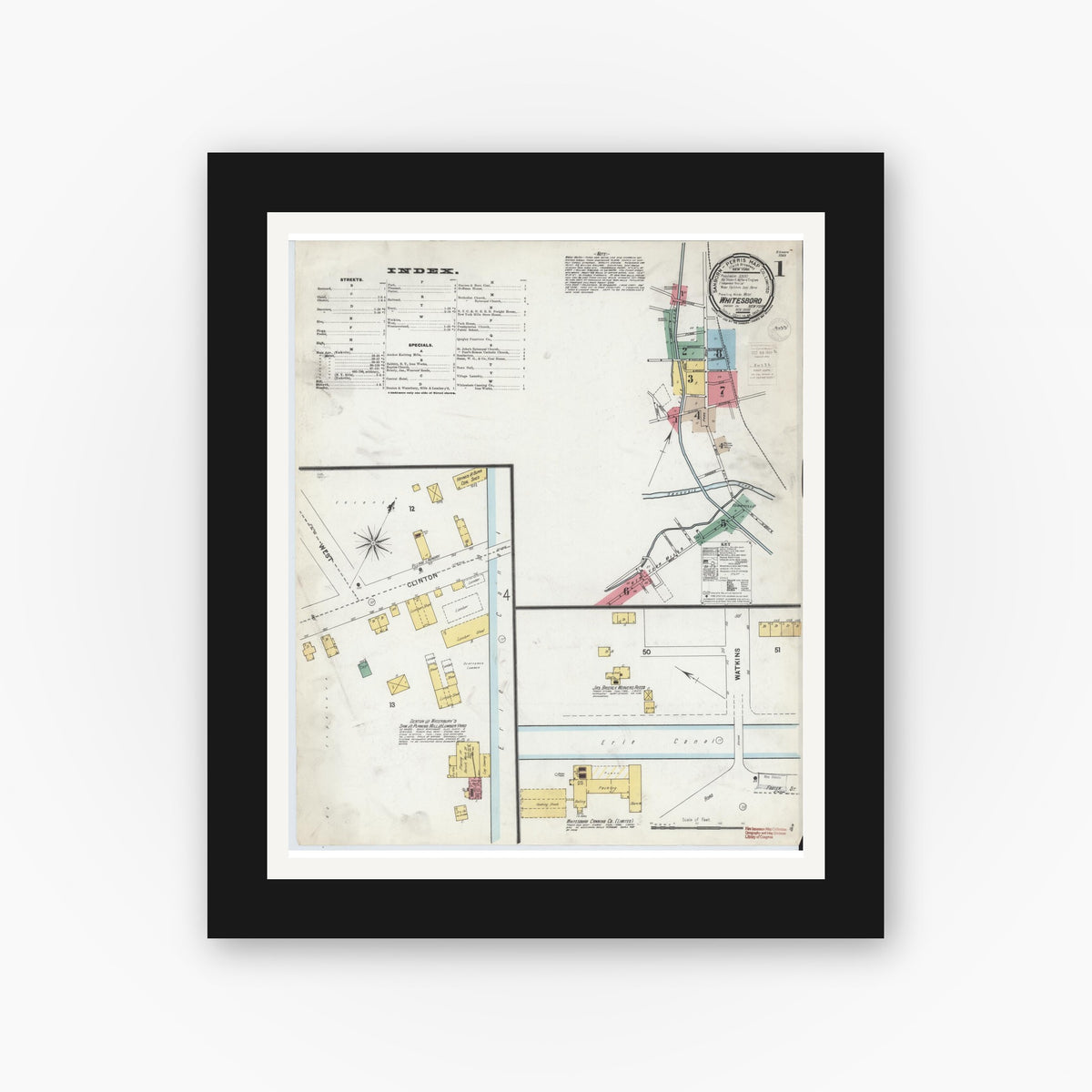 Old map wall art mockup — black gallery frame with white mat — Sanborn Fire Insurance Map from Whitesboro, Oneida County, New York (1899) - Complete Map Set