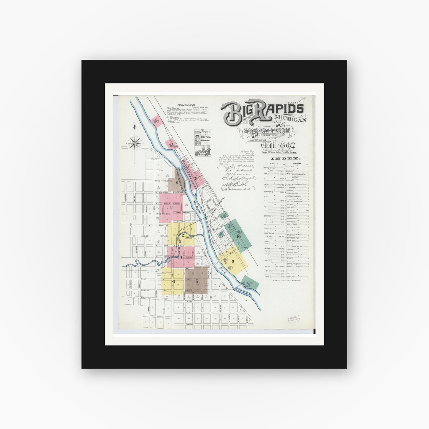 Old map wall art mockup — black gallery frame with white mat — Sanborn Fire Insurance Map from Big Rapids, Mecosta County, Michigan (1892) - Complete Map Set
