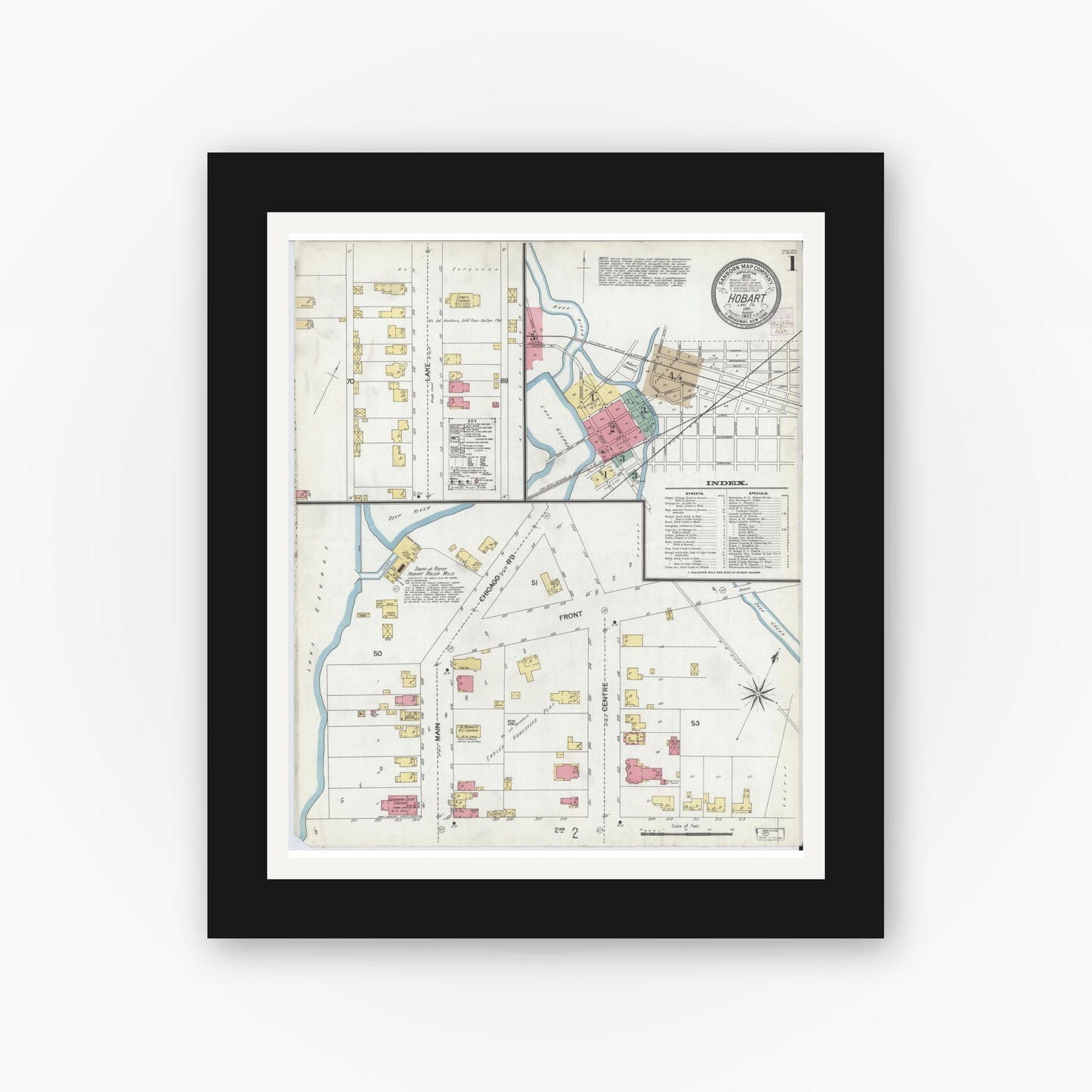 Old map wall art mockup — black gallery frame with white mat — Sanborn Fire Insurance Map from Hobart, Lake County, Indiana (1902) - Complete Map Set