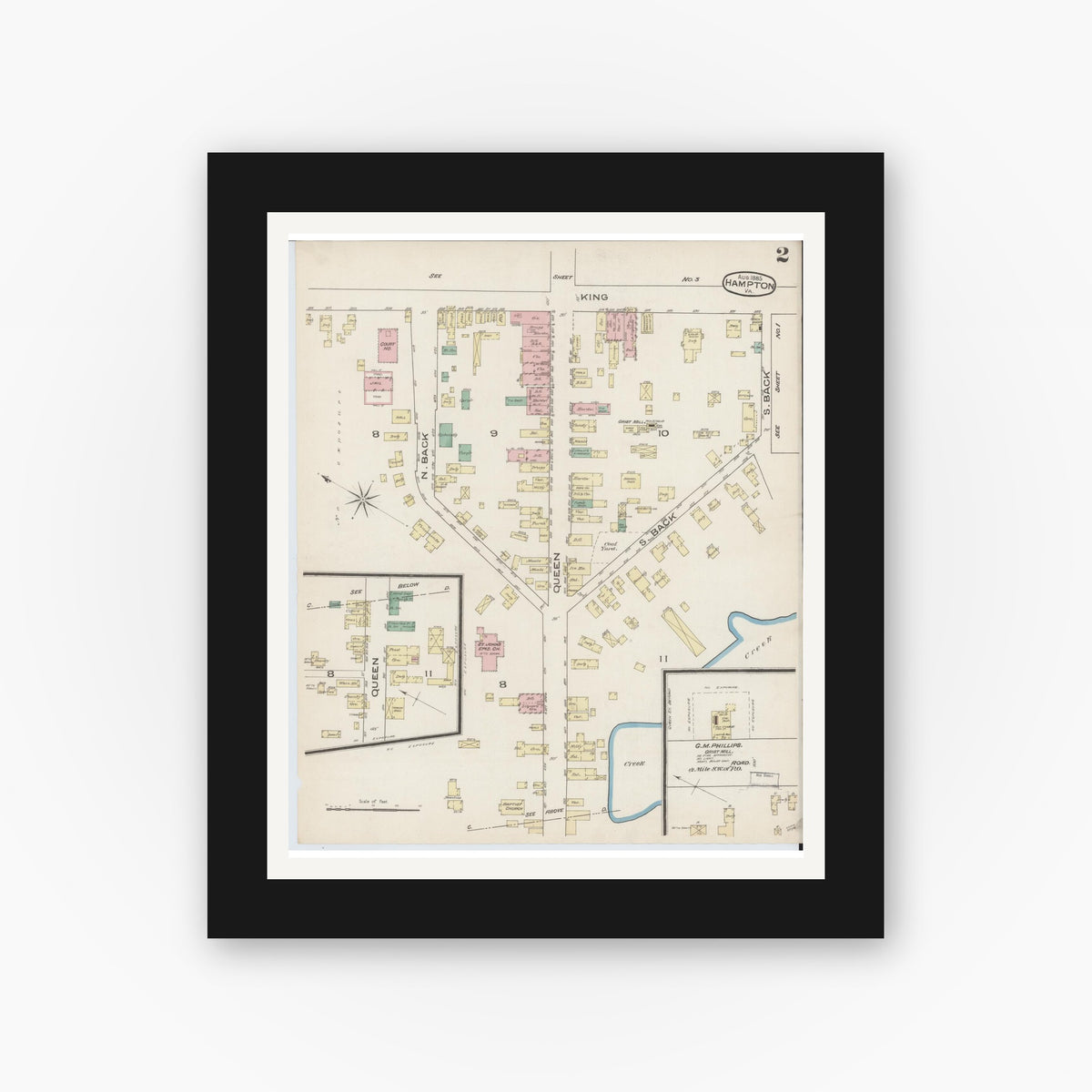 Old map wall art mockup — black gallery frame with white mat — Sanborn Fire Insurance Map from Hampton, Independent Cities, Virginia (1885), Sheet #0002
