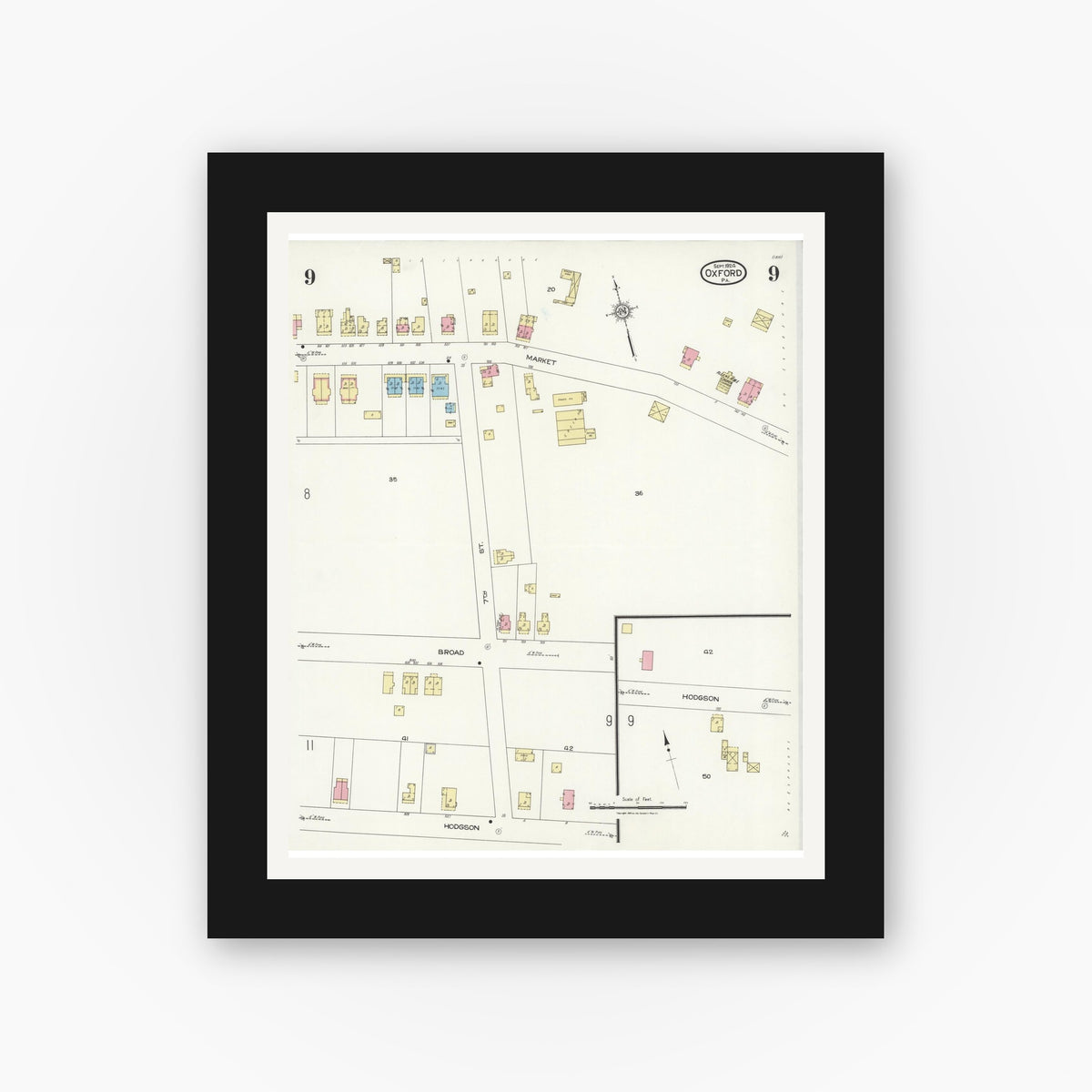 Old map wall art mockup — black gallery frame with white mat — Sanborn Fire Insurance Map from Oxford, Chester County, Pennsylvania (1924), Sheet #0009