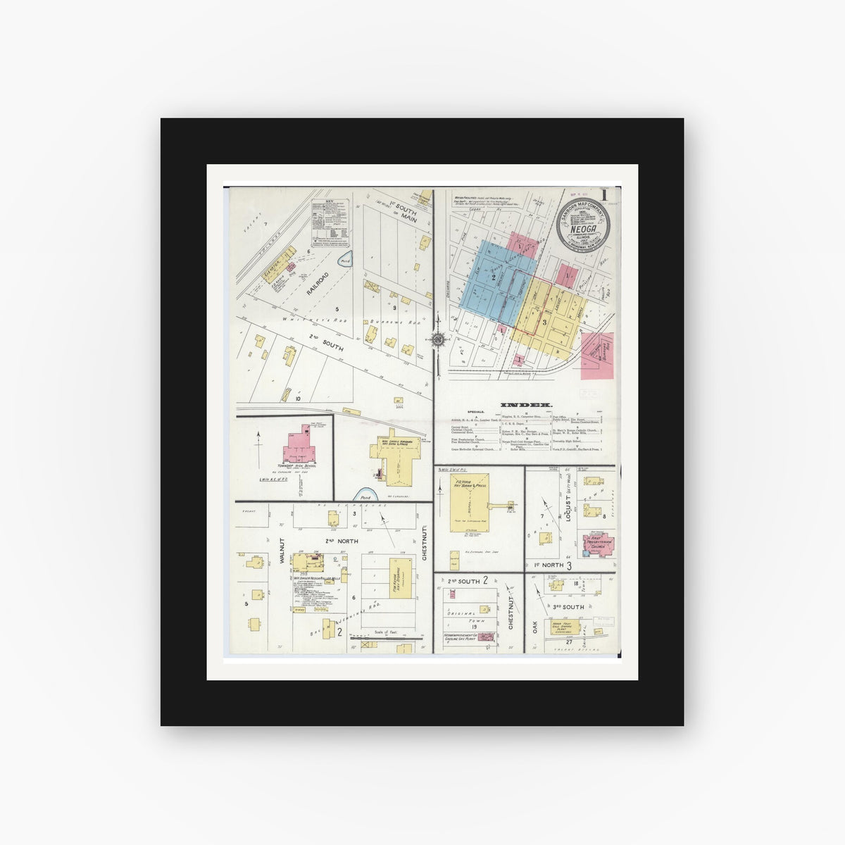 Old map wall art mockup — black gallery frame with white mat — Sanborn Fire Insurance Map from Neoga, Cumberland County, Illinois (1910) - Complete Map Set
