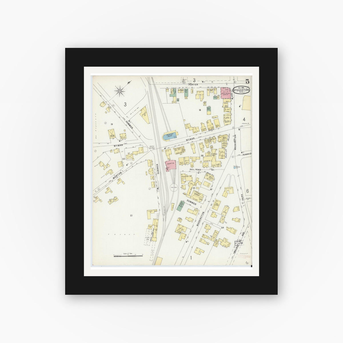 Old map wall art mockup — black gallery frame with white mat — Sanborn Fire Insurance Map from Stoughton, Norfolk County, Massachusetts (1896), Sheet #0005