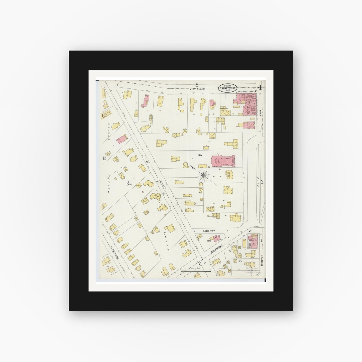 Old map wall art mockup — black gallery frame with white mat — Sanborn Fire Insurance Map from Painesville, Lake County, Ohio (1898), Sheet #0004