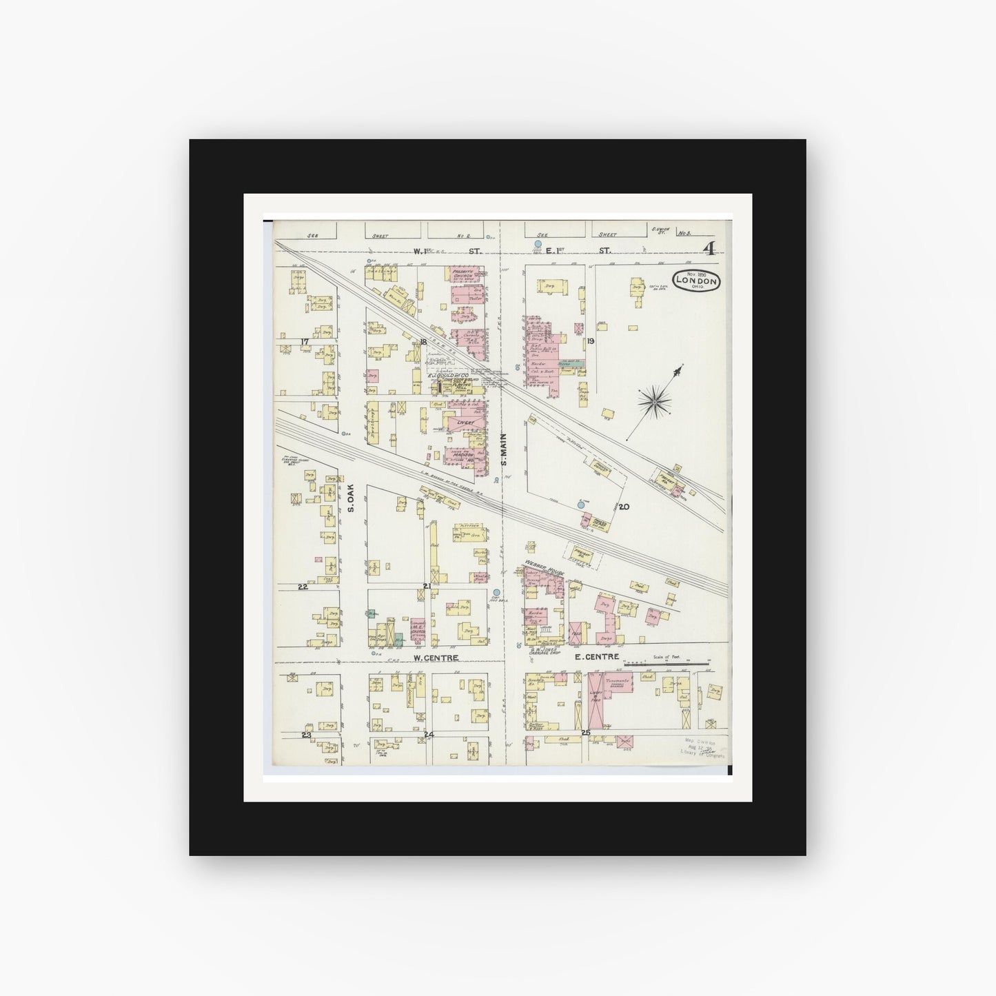 Old map wall art mockup — black gallery frame with white mat — Sanborn Fire Insurance Map from London, Madison County, Ohio (1890), Sheet #0004
