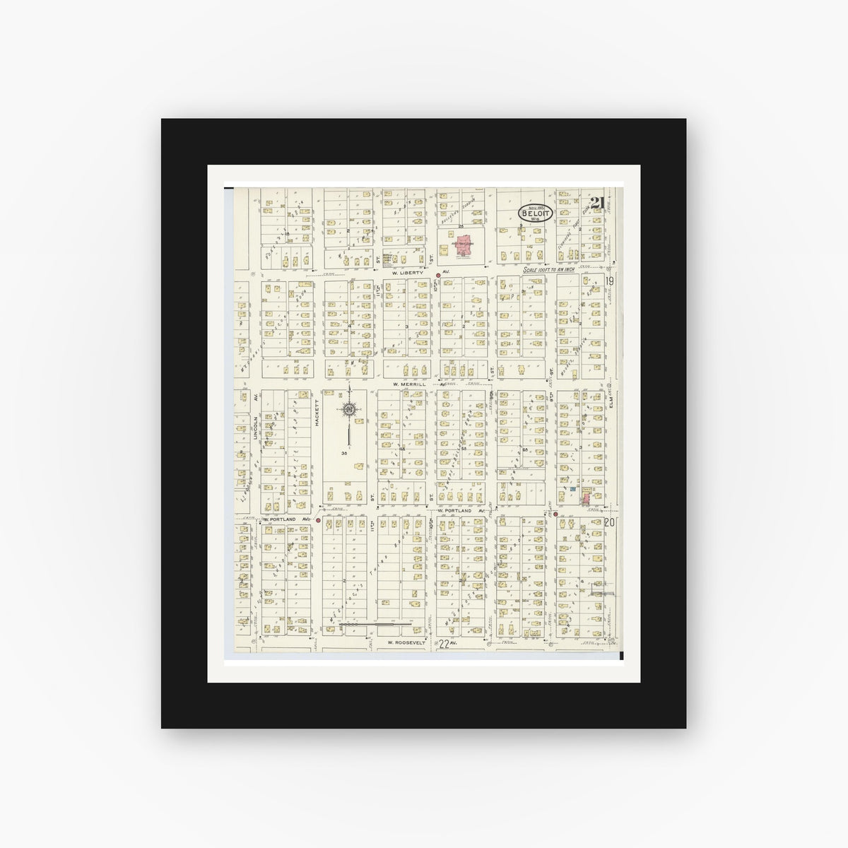 Old map wall art mockup — black gallery frame with white mat — Sanborn Fire Insurance Map from Beloit, Rock County, Wisconsin (1915), Sheet #0021