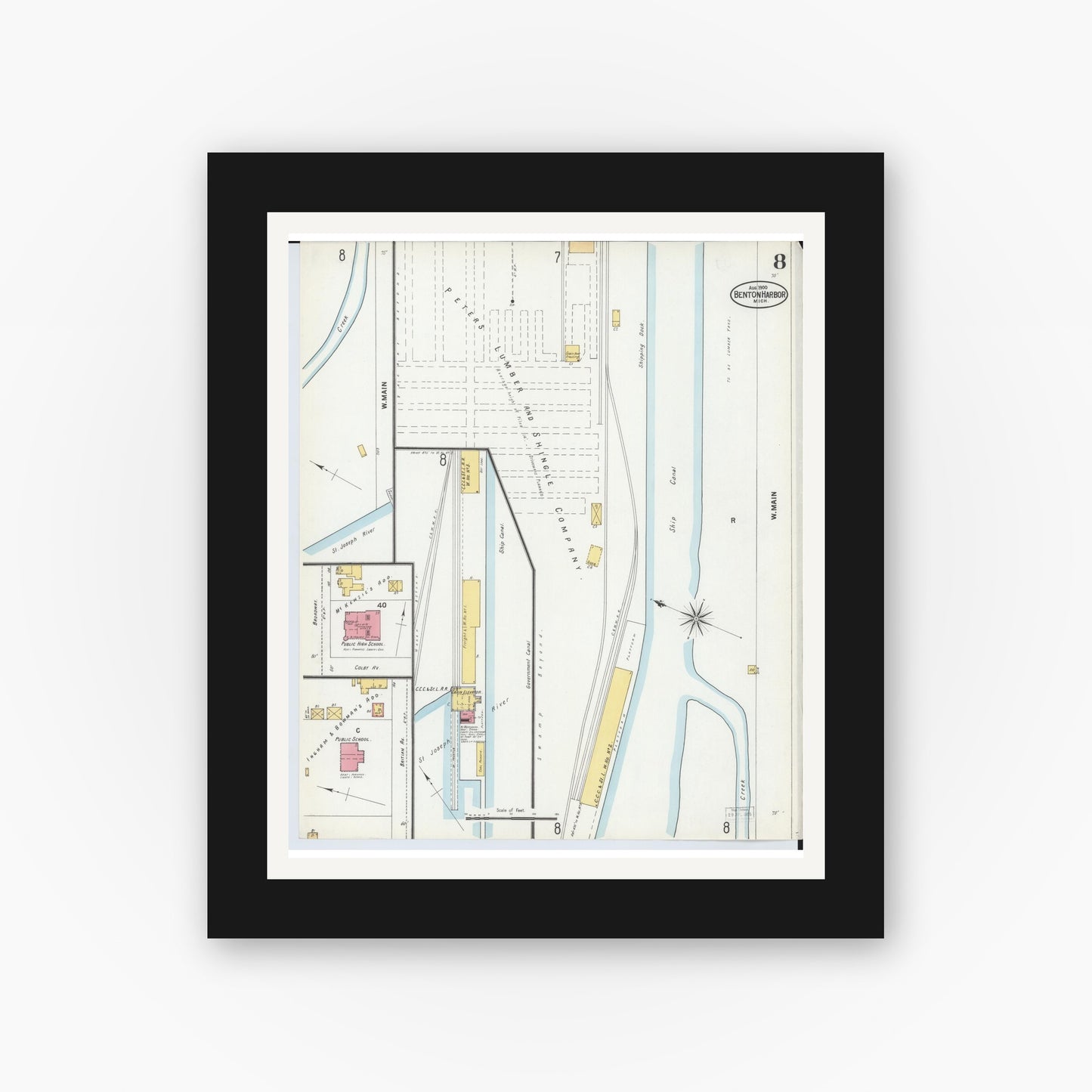 Old map wall art mockup — black gallery frame with white mat — Sanborn Fire Insurance Map from Benton Harbor, Berrien County, Michigan (1900), Sheet #0008