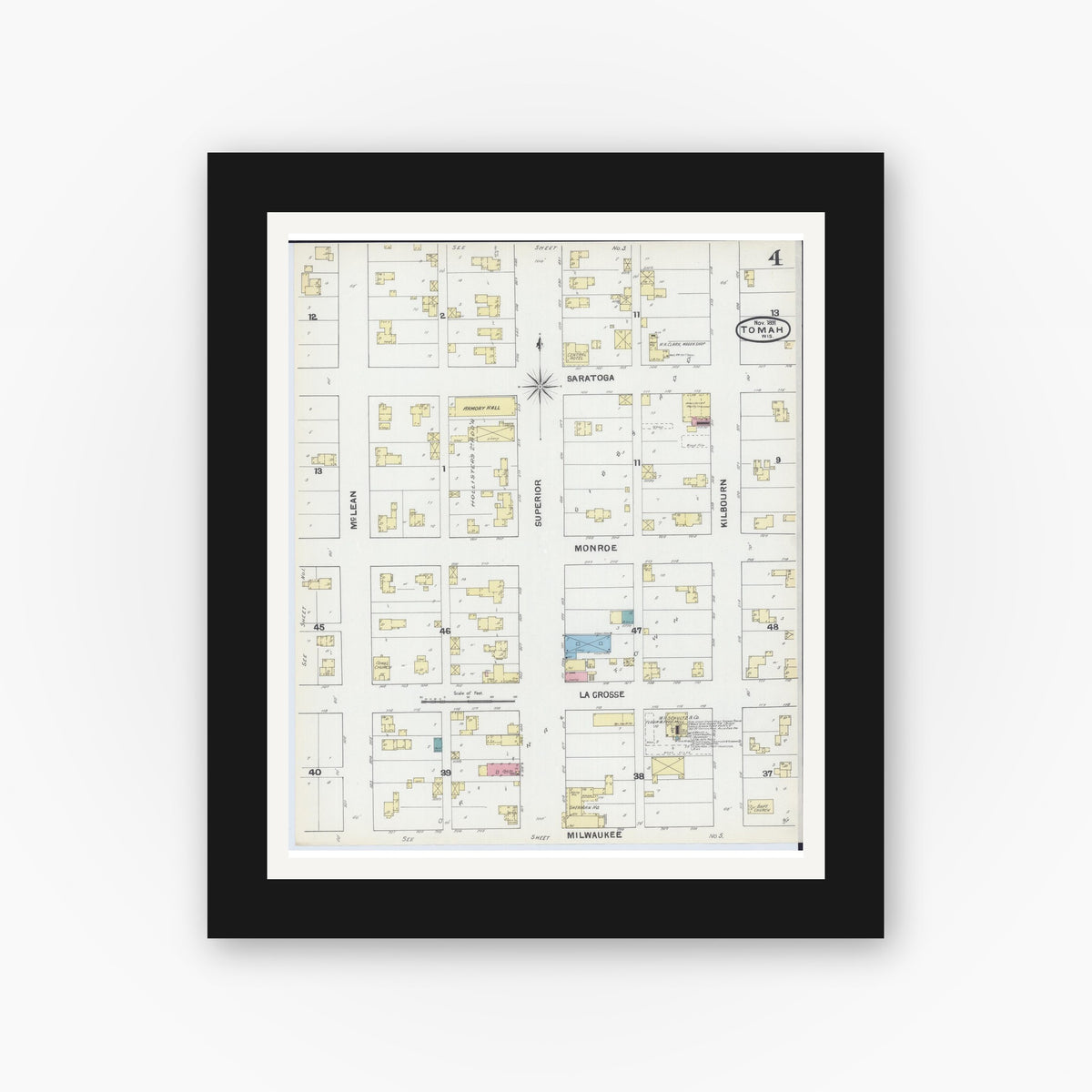 Old map wall art mockup — black gallery frame with white mat — Sanborn Fire Insurance Map from Tomah, Monroe County, Wisconsin (1891), Sheet #0004
