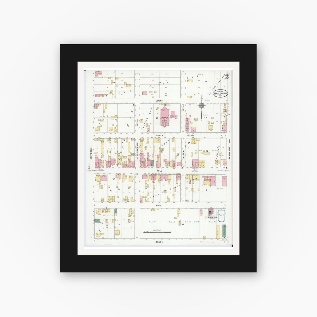 Old map wall art mockup — black gallery frame with white mat — Sanborn Fire Insurance Map from Mascoutah, Saint Clair County, Illinois (1910), Sheet #0002