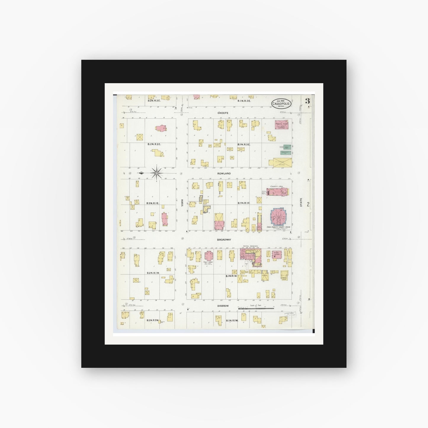 Old map wall art mockup — black gallery frame with white mat — Sanborn Fire Insurance Map from Cassopolis, Cass County, Michigan (1909), Sheet #0003