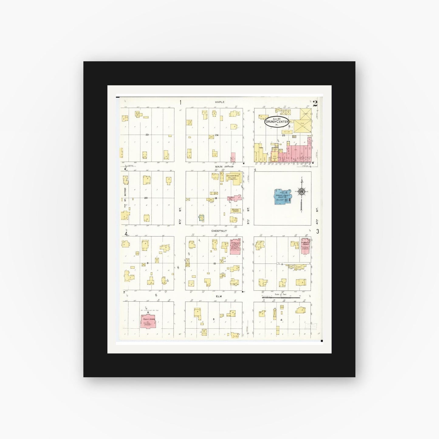 Old map wall art mockup — black gallery frame with white mat — Sanborn Fire Insurance Map from Grundy Center, Grundy County, Iowa (1911), Sheet #0002