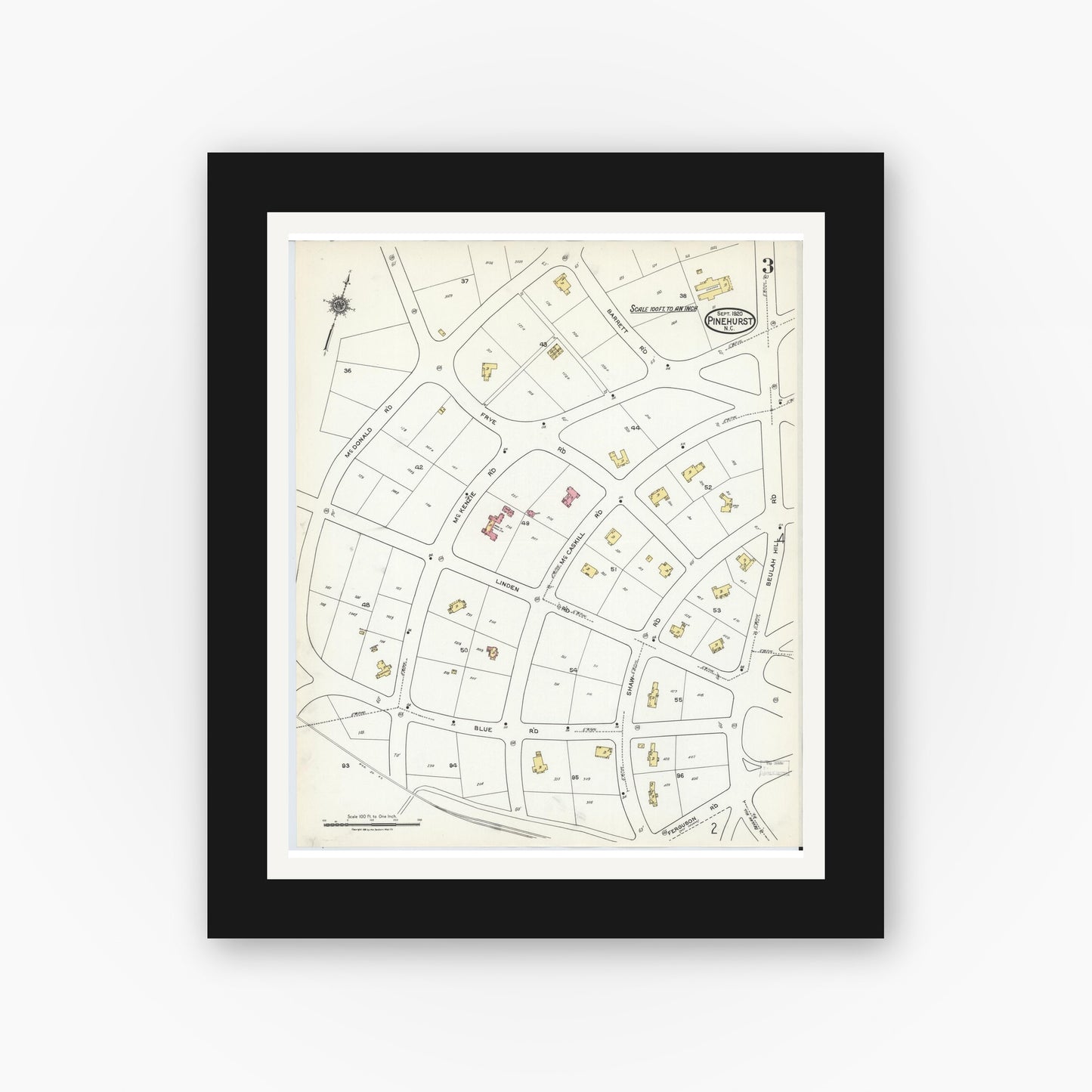 Old map wall art mockup — black gallery frame with white mat — Sanborn Fire Insurance Map from Pinehurst, Moore County, North Carolina (1920), Sheet #0003