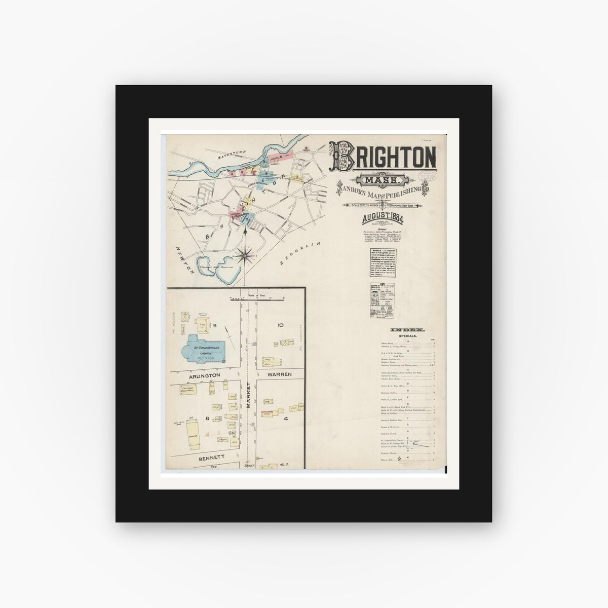 Old map wall art mockup — black gallery frame with white mat — Sanborn Fire Insurance Map from Brighton, Suffolk County, Massachusetts (1884), Sheet #0001