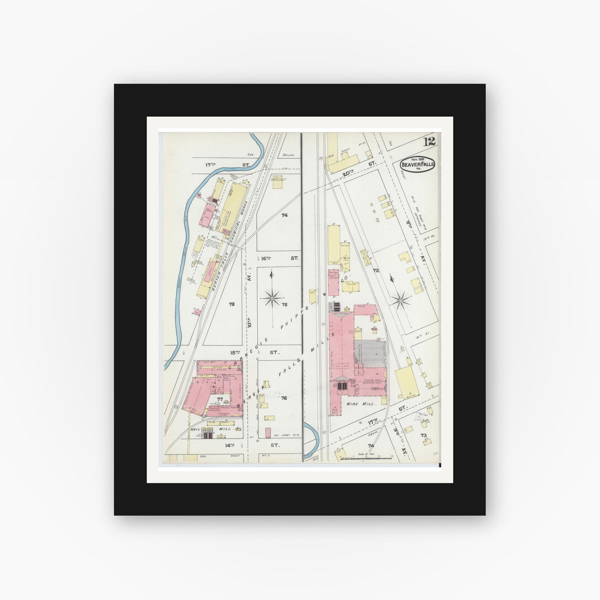 Old map wall art mockup — black gallery frame with white mat — Sanborn Fire Insurance Map from Beaver Falls, Beaver County, Pennsylvania (1891), Sheet #0012