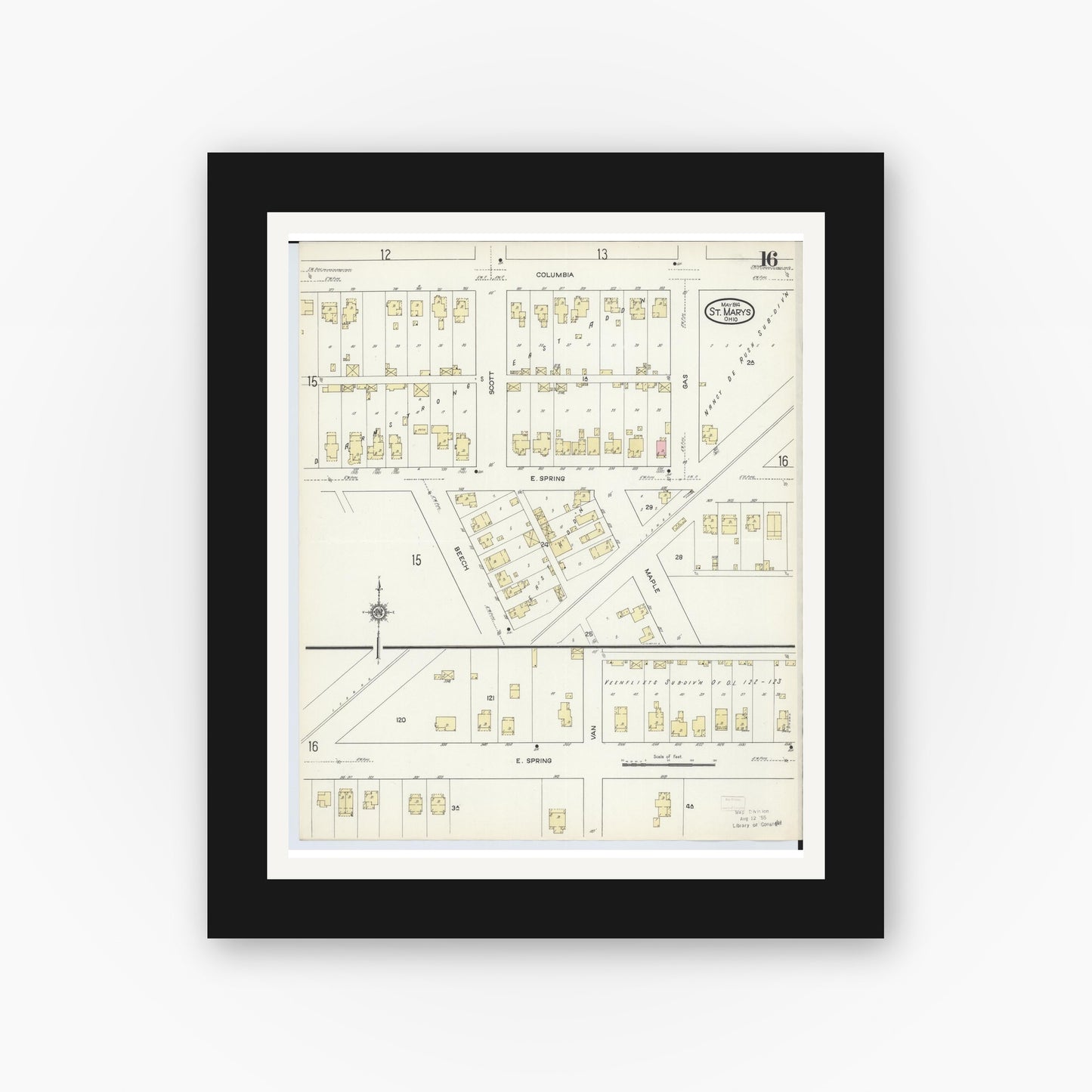 Old map wall art mockup — black gallery frame with white mat — Sanborn Fire Insurance Map from Saint Marys, Auglaize County, Ohio (1914), Sheet #0016
