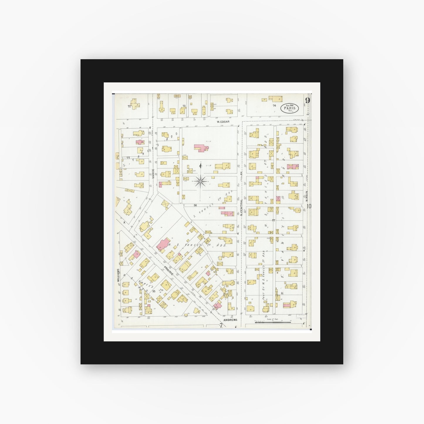 Old map wall art mockup — black gallery frame with white mat — Sanborn Fire Insurance Map from Paris, Edgar County, Illinois (1900), Sheet #0009