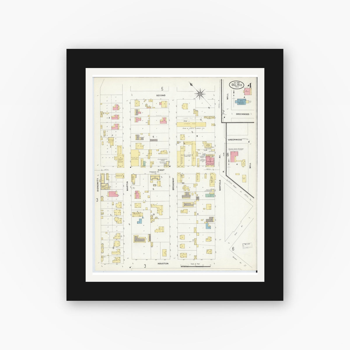 Old map wall art mockup — black gallery frame with white mat — Sanborn Fire Insurance Map from Del Rio, Val Verde County, Texas (1909), Sheet #0004