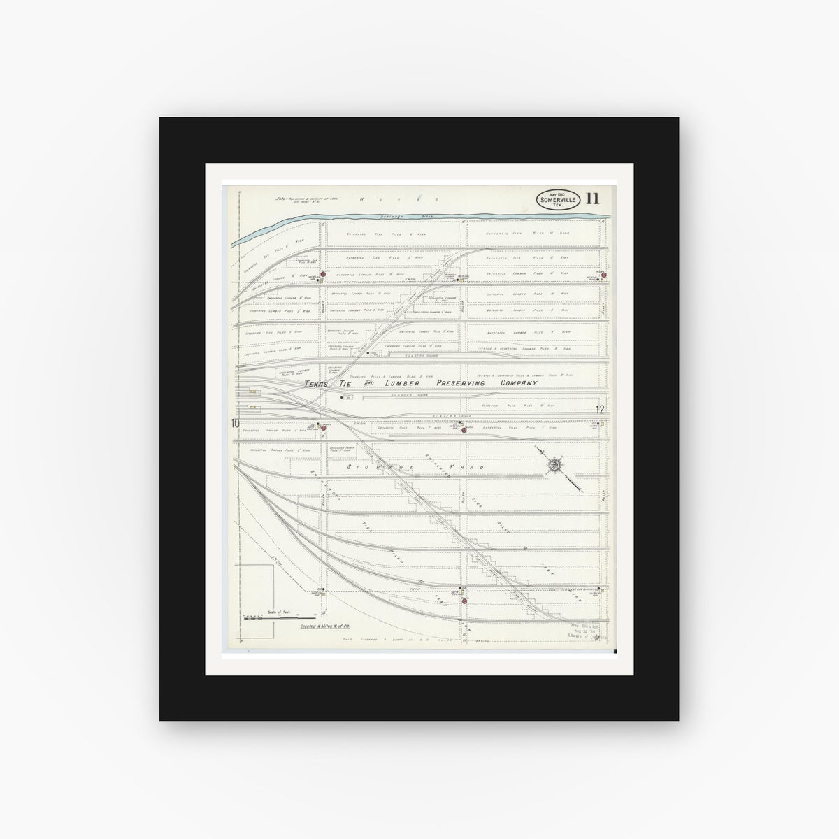 Old map wall art mockup — black gallery frame with white mat — Sanborn Fire Insurance Map from Somerville, Burleson County, Texas (1910), Sheet #0011