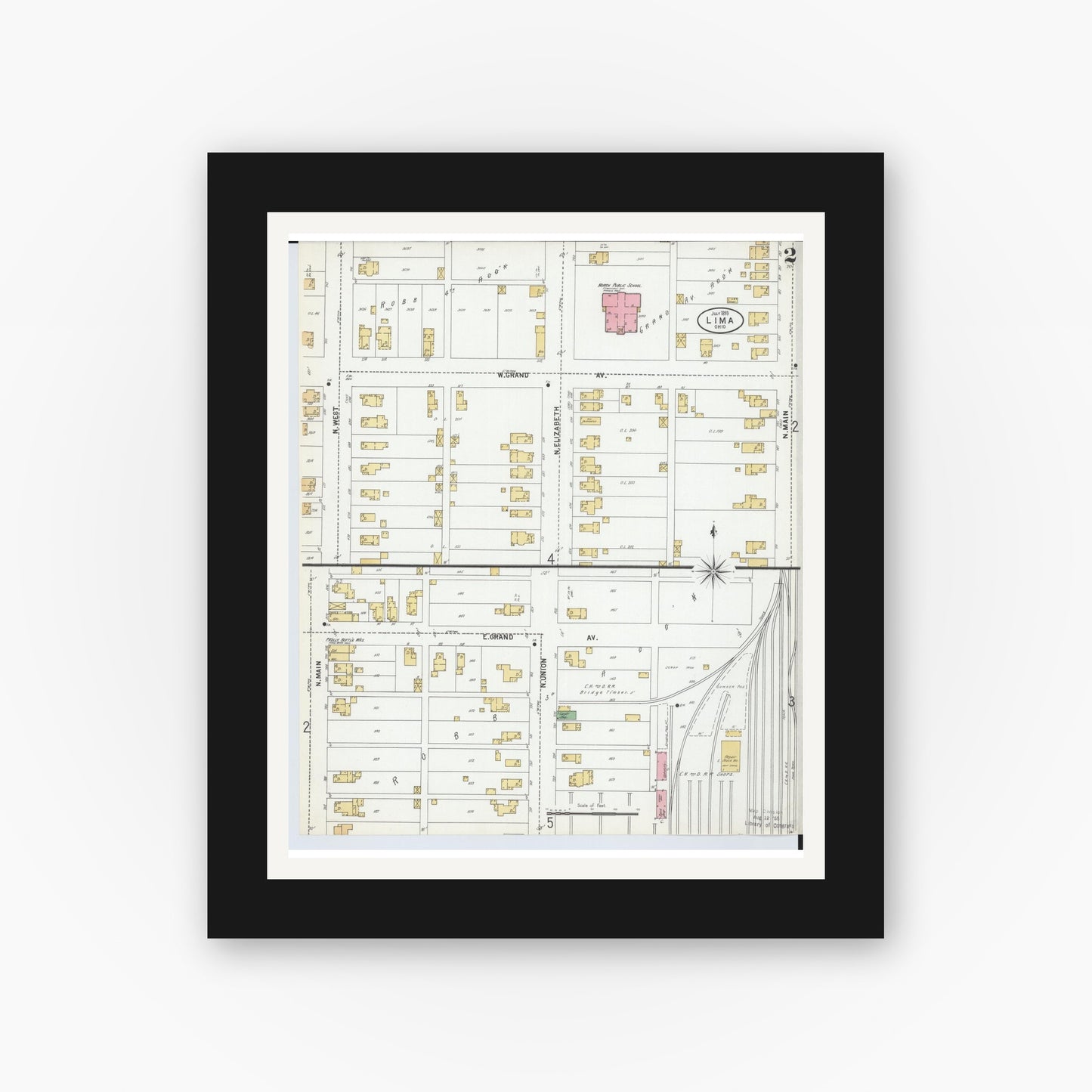 Old map wall art mockup — black gallery frame with white mat — Sanborn Fire Insurance Map from Lima, Allen County, Ohio (1899), Sheet #0002