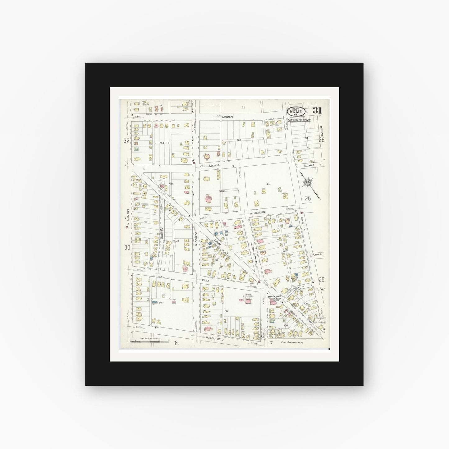 Old map wall art mockup — black gallery frame with white mat — Sanborn Fire Insurance Map from Rome, Oneida County, New York (1914), Sheet #0031