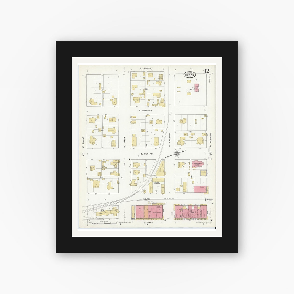 Old map wall art mockup — black gallery frame with white mat — Sanborn Fire Insurance Map from Bryan, Brazos County, Texas (1912), Sheet #0012