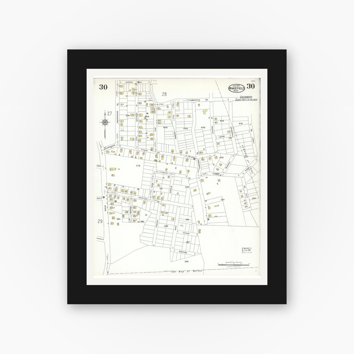 Old map wall art mockup — black gallery frame with white mat — Sanborn Fire Insurance Map from Wakefield, Middlesex County, Massachusetts (1923), Sheet #0030