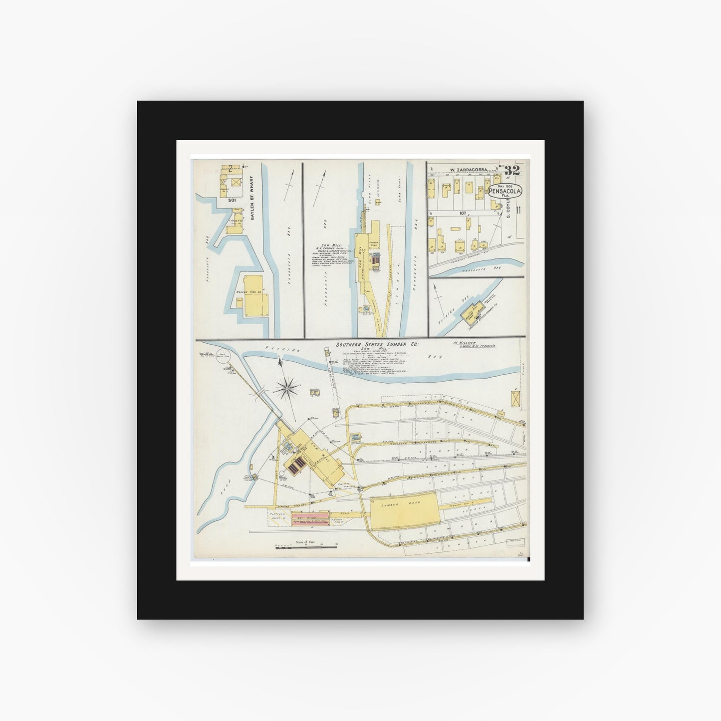Old map wall art mockup — black gallery frame with white mat — Sanborn Fire Insurance Map from Pensacola, Escambia County, Florida (1903), Sheet #0032