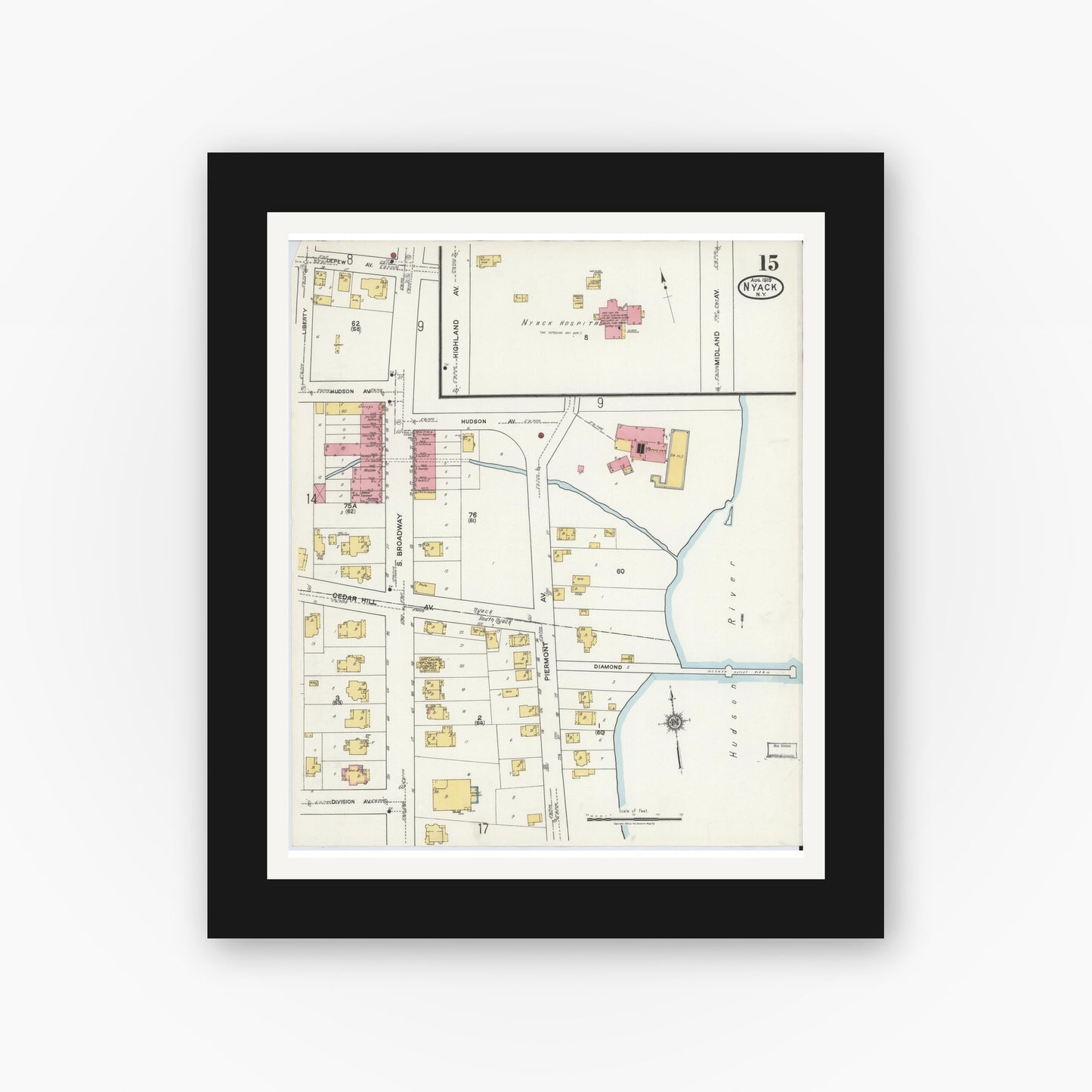 Old map wall art mockup — black gallery frame with white mat — Sanborn Fire Insurance Map from Nyack, Rockland County, New York. (1919), Sheet #0015