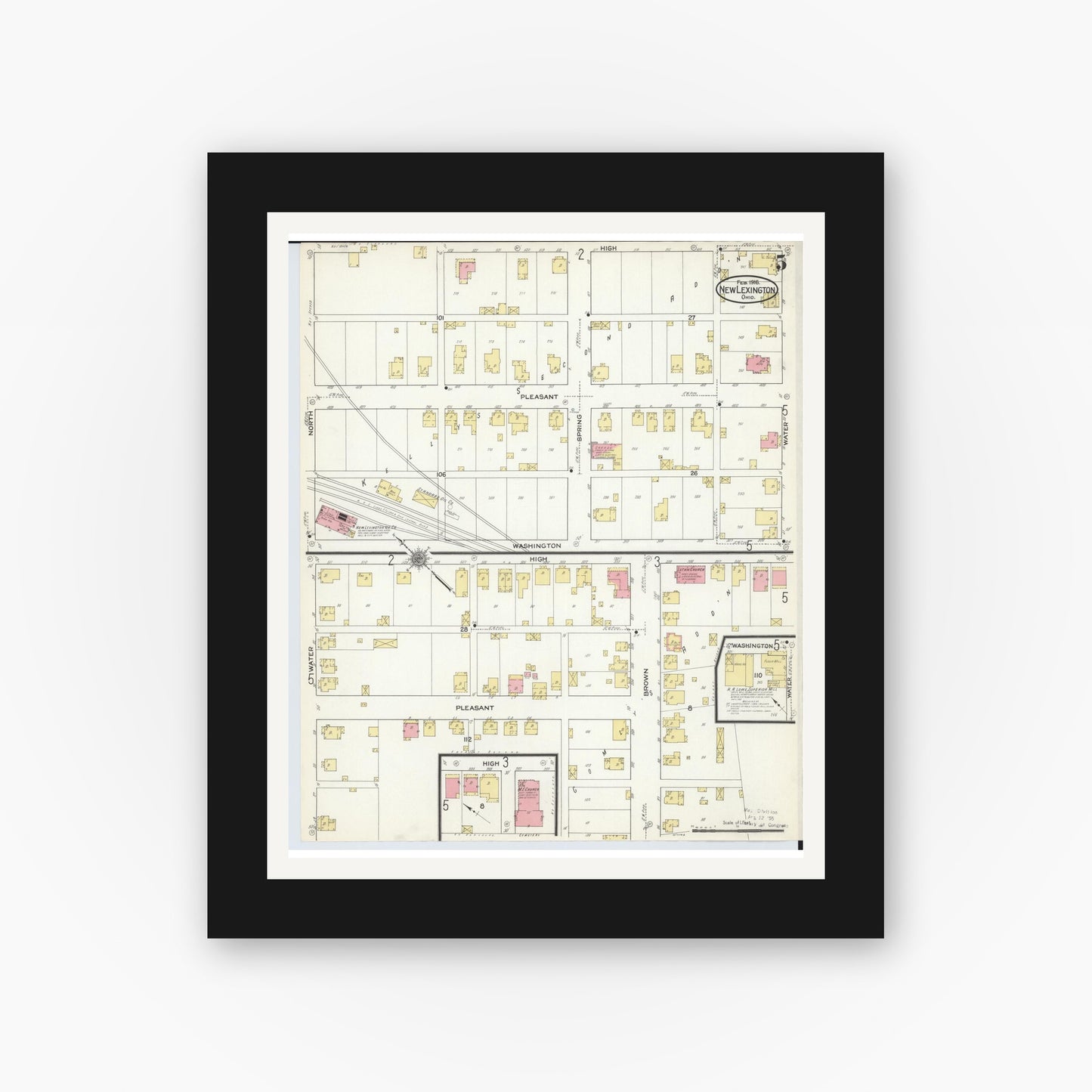 Old map wall art mockup — black gallery frame with white mat — Sanborn Fire Insurance Map from New Lexington, Perry County, Ohio (1916), Sheet #0005