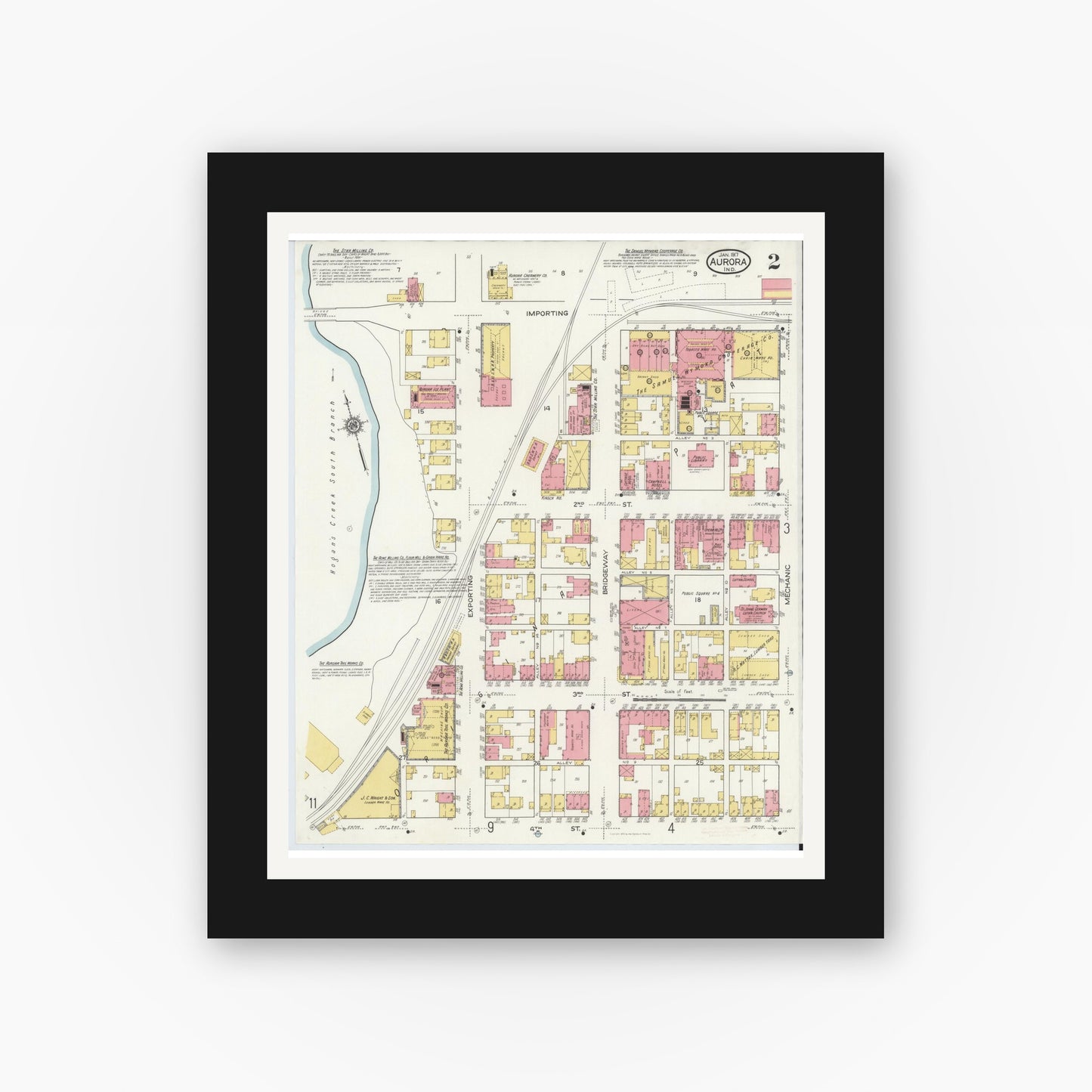 Old map wall art mockup — black gallery frame with white mat — Sanborn Fire Insurance Map from Aurora, Dearborn County, Indiana (1917), Sheet #0002