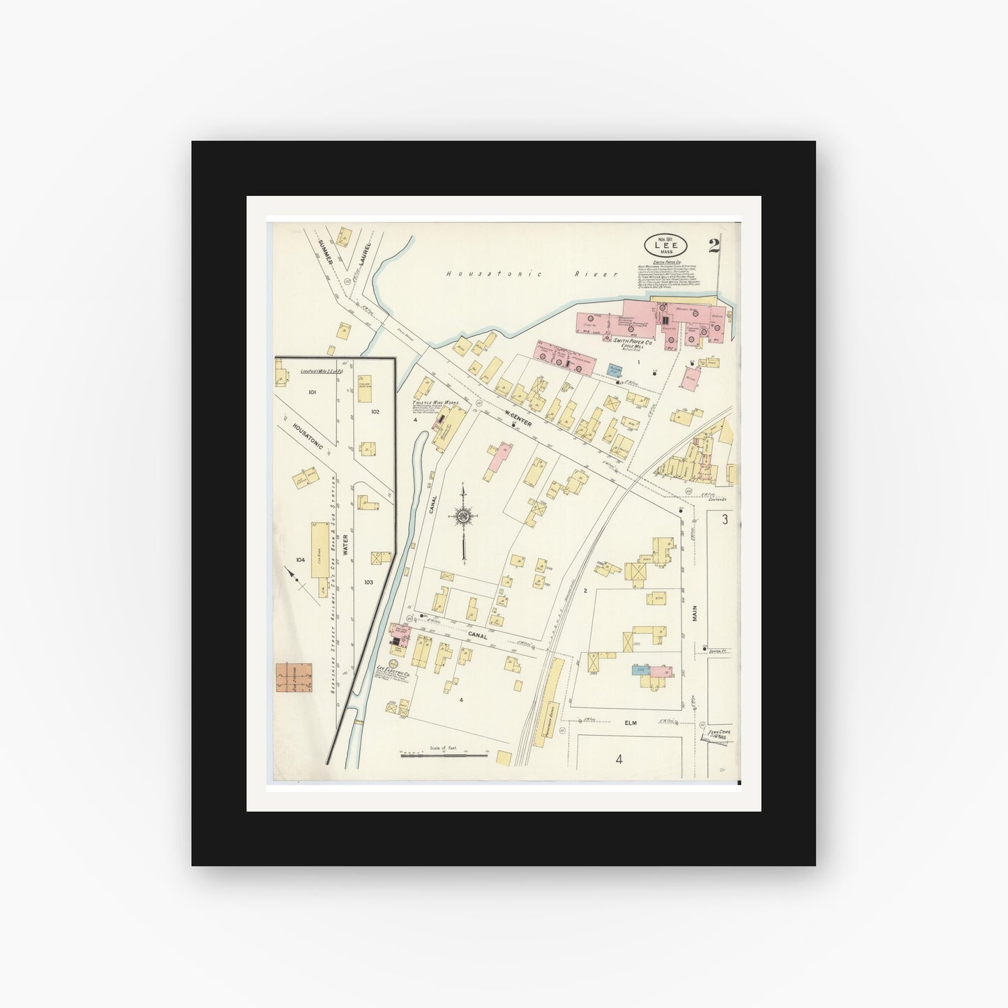 Old map wall art mockup — black gallery frame with white mat — Sanborn Fire Insurance Map from Lee, Berkshire County, Massachusetts (1911), Sheet #0002