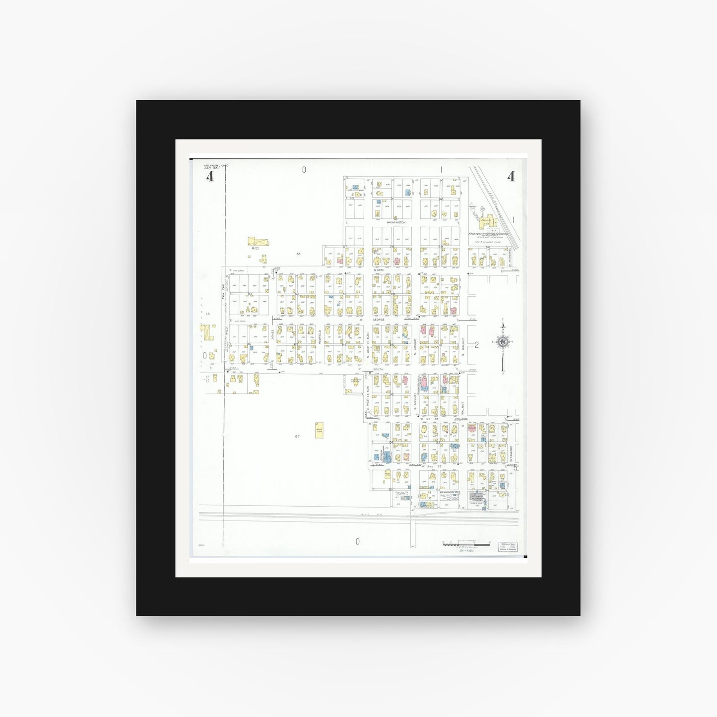 Old map wall art mockup — black gallery frame with white mat — Sanborn Fire Insurance Map from Arcanum, Darke County, Ohio (1951), Sheet #0004