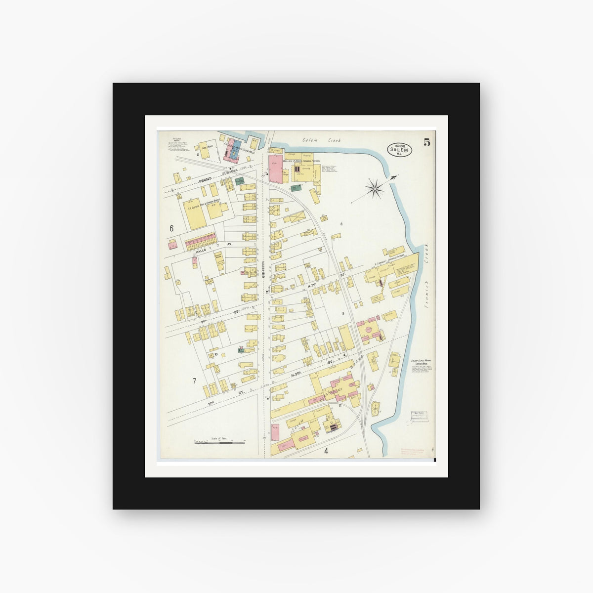 Old map wall art mockup — black gallery frame with white mat — Sanborn Fire Insurance Map from Salem, Salem County, New Jersey (1902), Sheet #0005