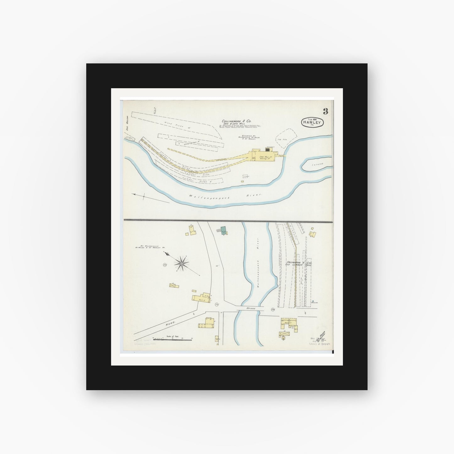 Old map wall art mockup — black gallery frame with white mat — Sanborn Fire Insurance Map from Hawley, Wayne County, Pennsylvania (1892), Sheet #0003