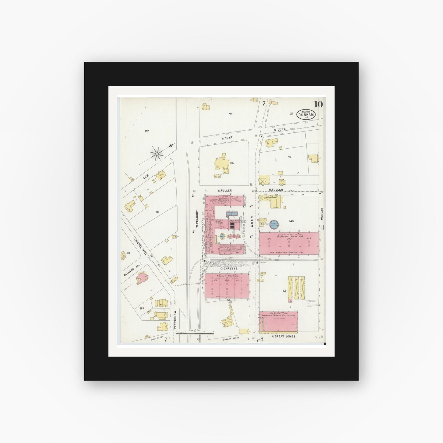 Old map wall art mockup — black gallery frame with white mat — Sanborn Fire Insurance Map from Durham, Durham County, North Carolina (1898), Sheet #0010