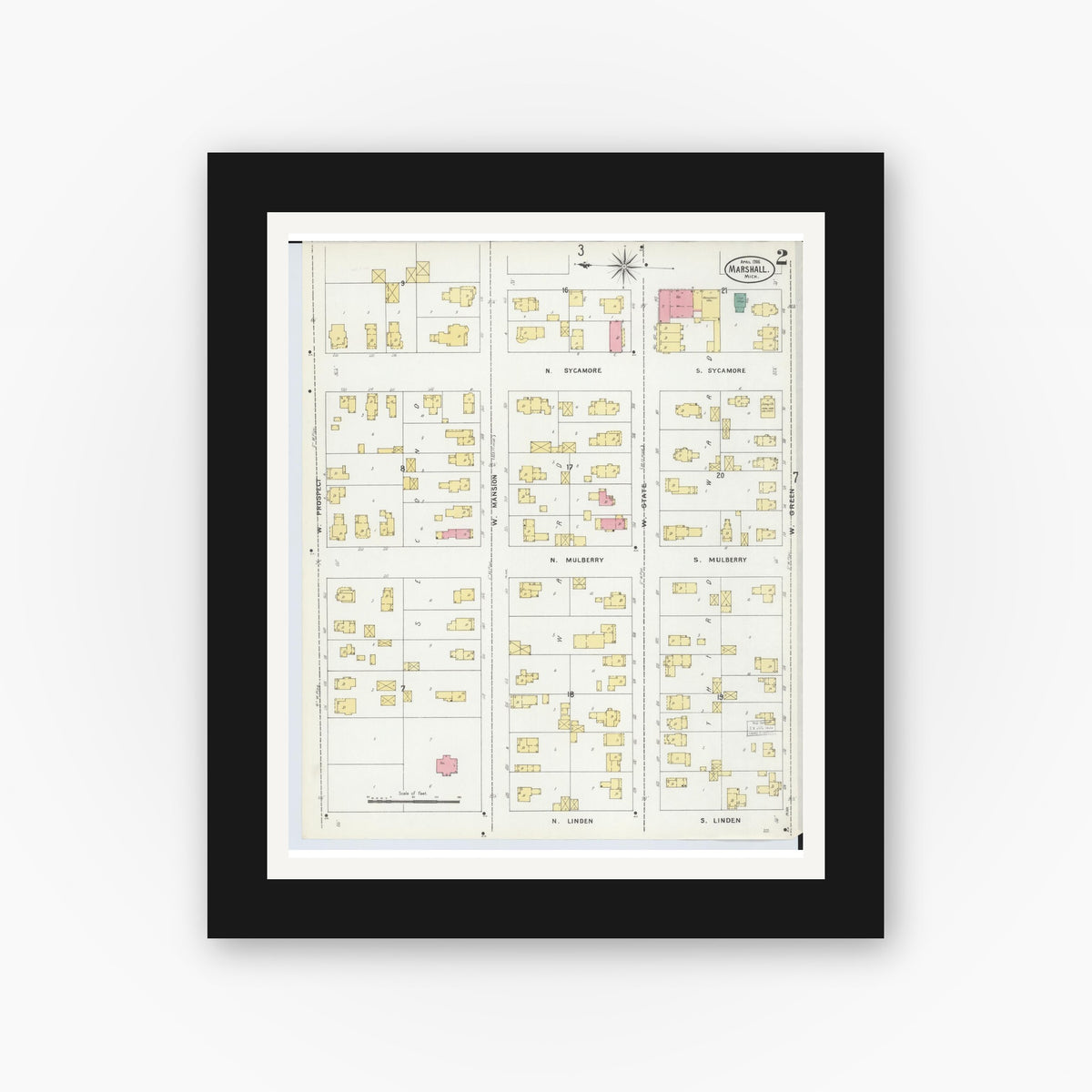 Old map wall art mockup — black gallery frame with white mat — Sanborn Fire Insurance Map from Marshall, Calhoun County, Michigan (1906), Sheet #0002