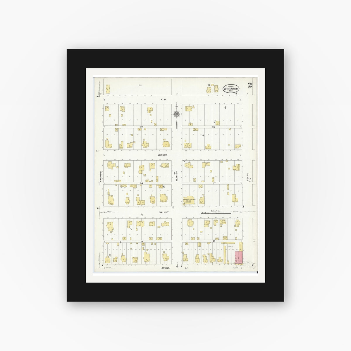 Old map wall art mockup — black gallery frame with white mat — Sanborn Fire Insurance Map from Whitewright, Grayson County, Texas (1911), Sheet #0002