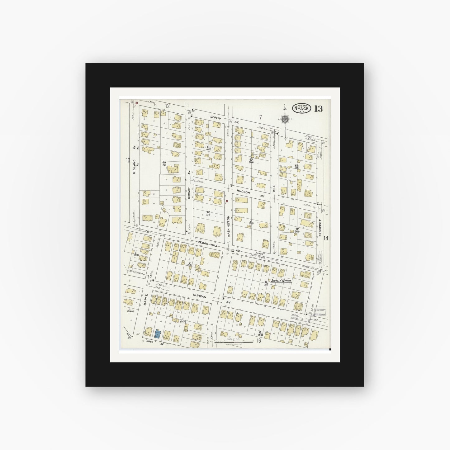 Old map wall art mockup — black gallery frame with white mat — Sanborn Fire Insurance Map from Nyack, Rockland County, New York. (1919), Sheet #0013