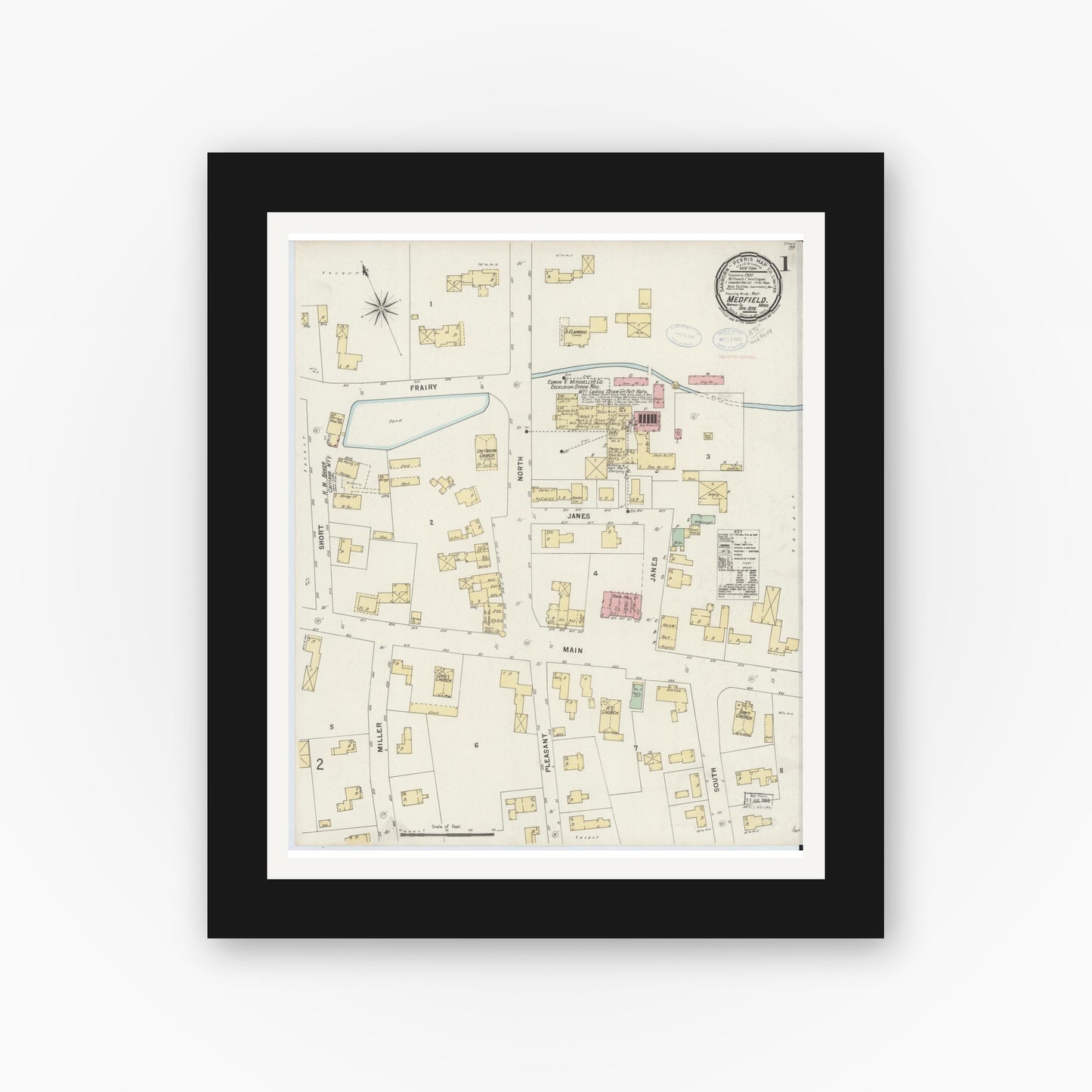 Old map wall art mockup — black gallery frame with white mat — Sanborn Fire Insurance Map from Medfield, Norfolk County, Massachusetts (1898) - Complete Map Set