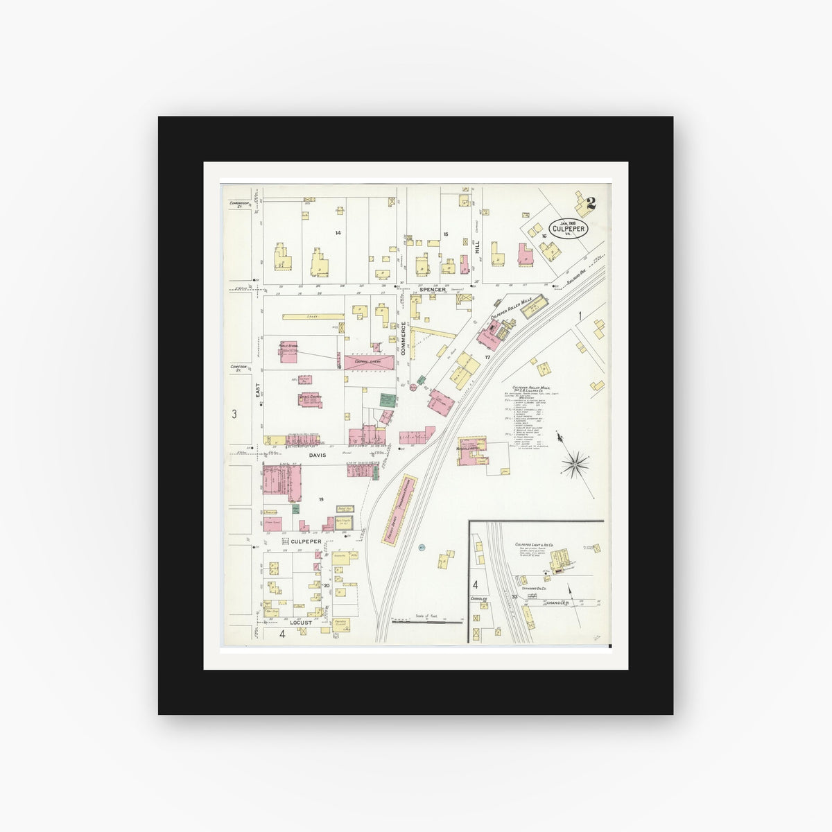 Old map wall art mockup — black gallery frame with white mat — Sanborn Fire Insurance Map from Culpeper, Culpeper County, Virginia (1908), Sheet #0002