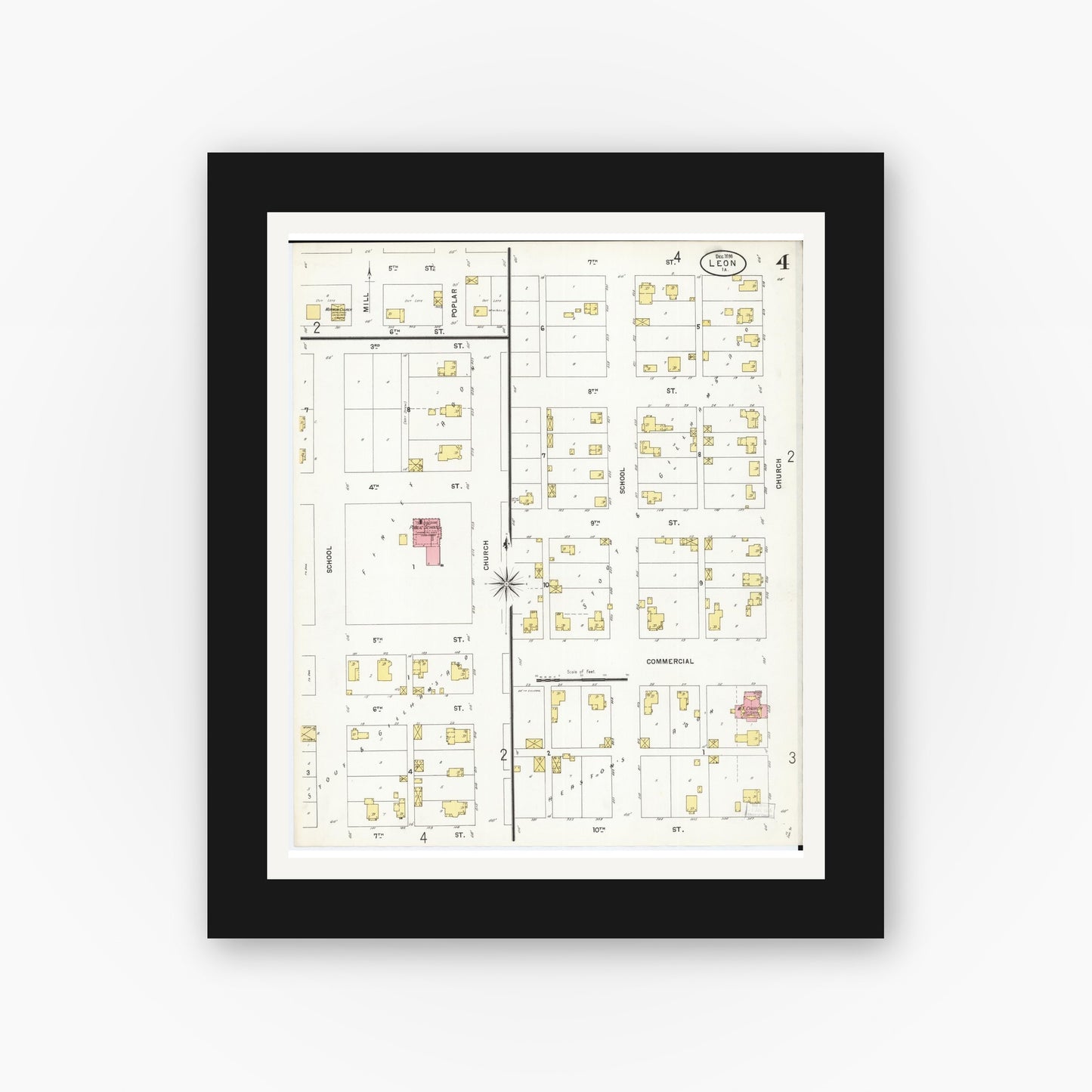 Old map wall art mockup — black gallery frame with white mat — Sanborn Fire Insurance Map from Leon, Decatur County, Iowa (1898), Sheet #0004