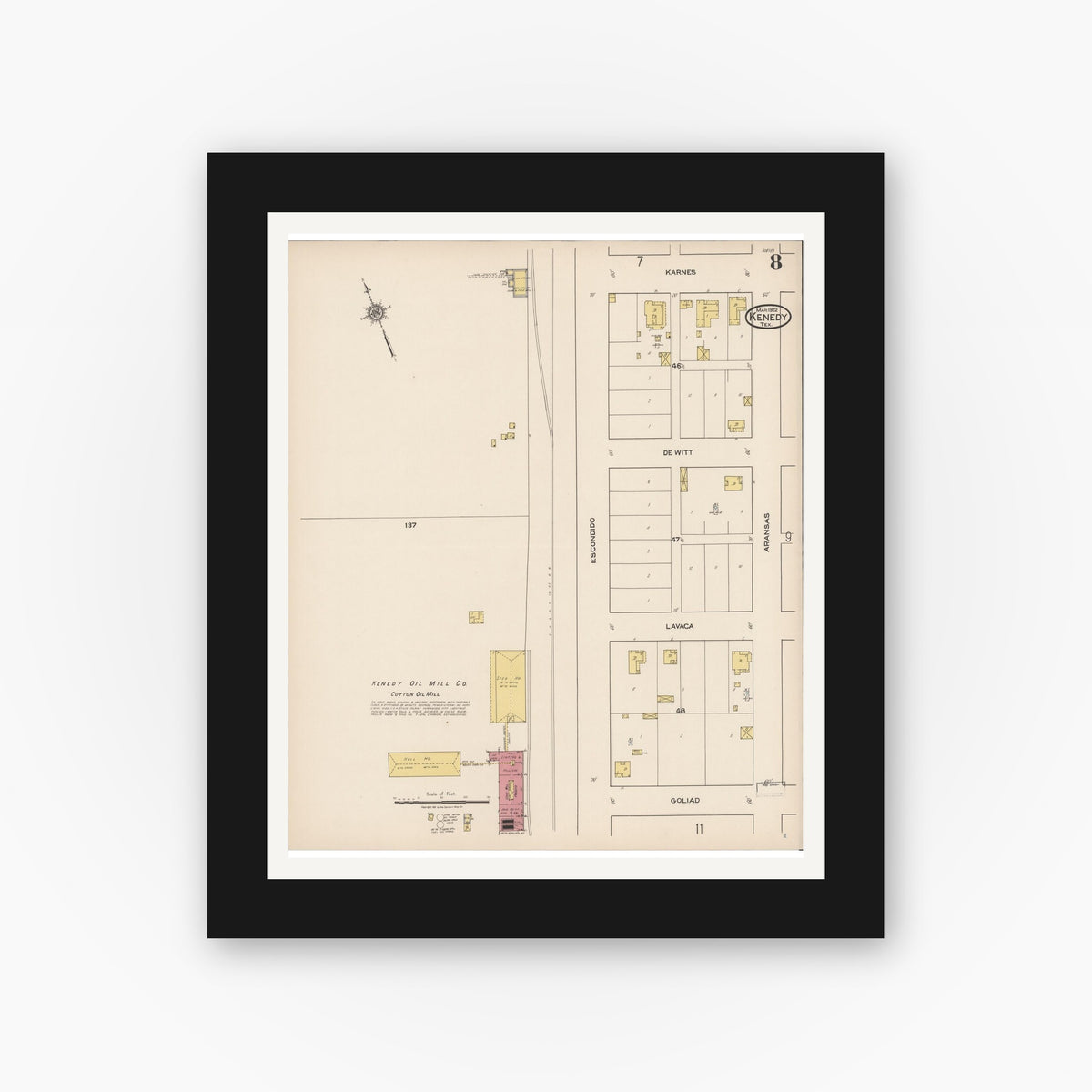 Old map wall art mockup — black gallery frame with white mat — Sanborn Fire Insurance Map from Kenedy, Karnes County, Texas (1922), Sheet #0008