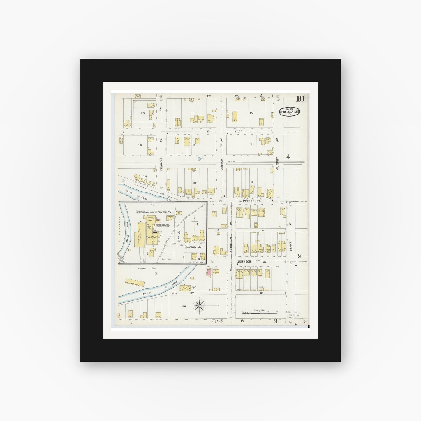 Old map wall art mockup — black gallery frame with white mat — Sanborn Fire Insurance Map from Connellsville, Fayette County, Pennsylvania (1896), Sheet #0010